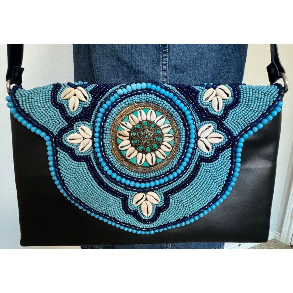 Shoulder Handbag Black with Beaded Art Blue‎ Turquoise Beads Sea Shells Design